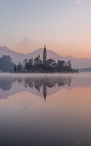 Preview wallpaper castle, island, lake, reflection, mountains
