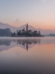 Preview wallpaper castle, island, lake, reflection, mountains