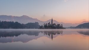 Preview wallpaper castle, island, lake, reflection, mountains