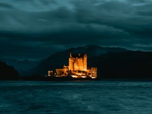 Preview wallpaper castle, island, night, dark