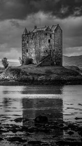 Preview wallpaper castle, island, river, black and white
