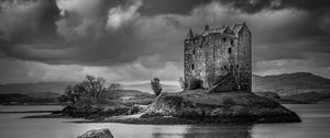 Preview wallpaper castle, island, river, black and white