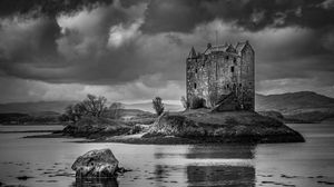Preview wallpaper castle, island, river, black and white