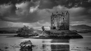 Preview wallpaper castle, island, river, black and white