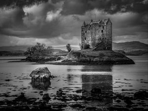 Preview wallpaper castle, island, river, black and white