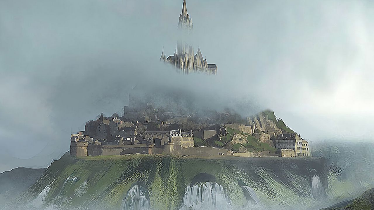 Wallpaper castle, island, river, paints, canvas, art