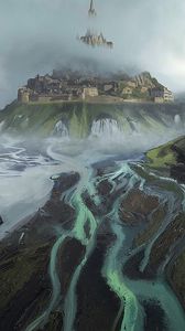 Preview wallpaper castle, island, river, paints, canvas, art