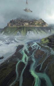 Preview wallpaper castle, island, river, paints, canvas, art