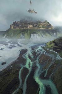 Preview wallpaper castle, island, river, paints, canvas, art