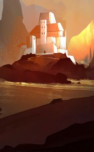 Preview wallpaper castle, island, rocks, river, art