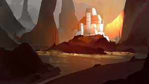 Preview wallpaper castle, island, rocks, river, art