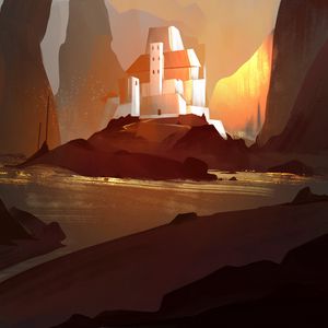 Preview wallpaper castle, island, rocks, river, art