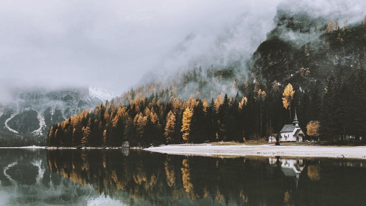 Wallpaper castle, lake, trees, fog, autumn