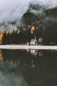 Preview wallpaper castle, lake, trees, fog, autumn