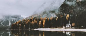 Preview wallpaper castle, lake, trees, fog, autumn