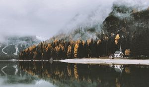 Preview wallpaper castle, lake, trees, fog, autumn