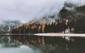 Preview wallpaper castle, lake, trees, fog, autumn