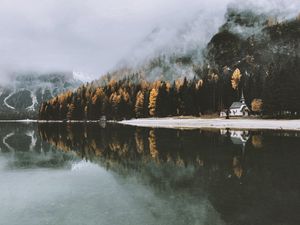 Preview wallpaper castle, lake, trees, fog, autumn