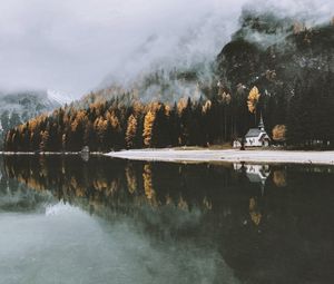 Preview wallpaper castle, lake, trees, fog, autumn