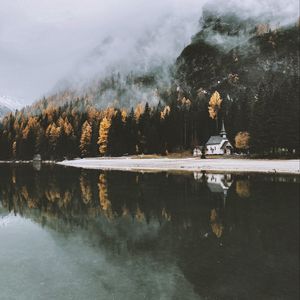 Preview wallpaper castle, lake, trees, fog, autumn