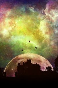 Preview wallpaper castle, moon, mystical, planet, stars