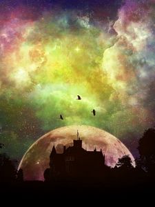 Preview wallpaper castle, moon, mystical, planet, stars