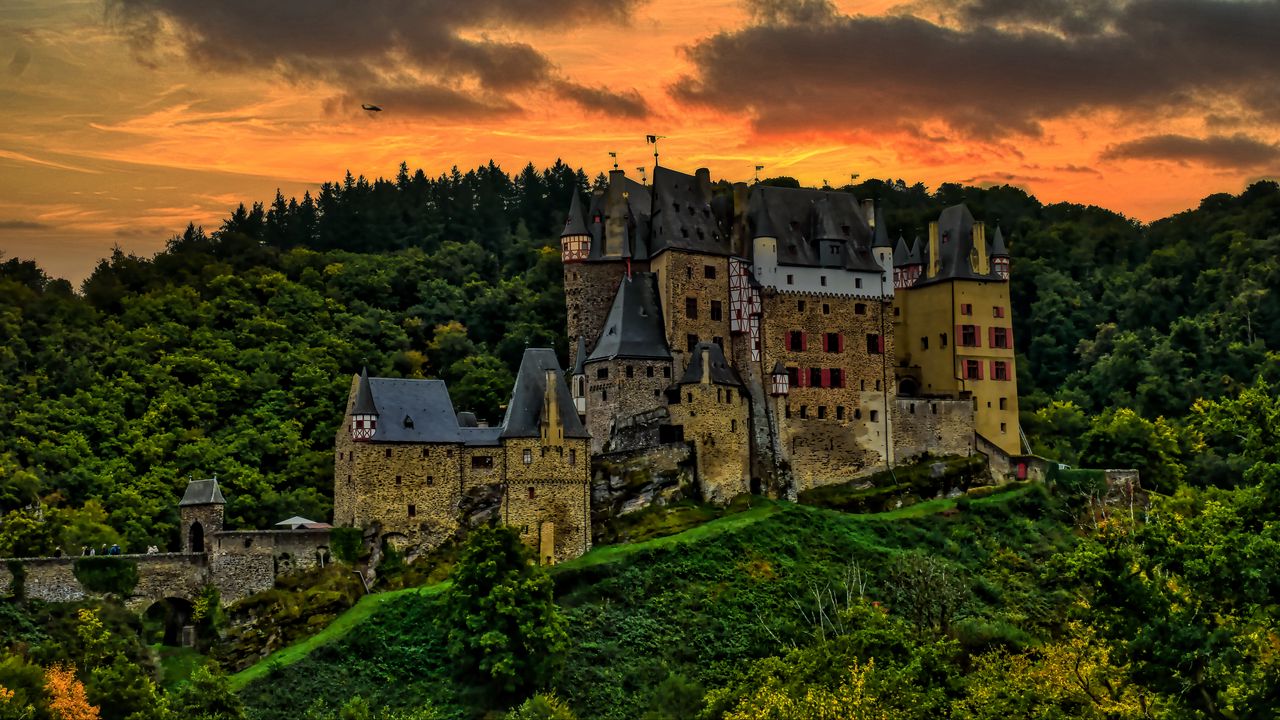 Wallpaper castle, mountain, trees, forest, hill, clouds, sunset, dark