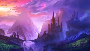 Preview wallpaper castle, mountains, fog, landscape, art