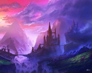 Preview wallpaper castle, mountains, fog, landscape, art