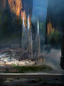 Preview wallpaper castle, mountains, rocks, art