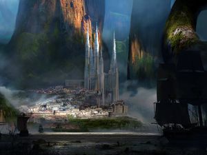 Preview wallpaper castle, mountains, rocks, art