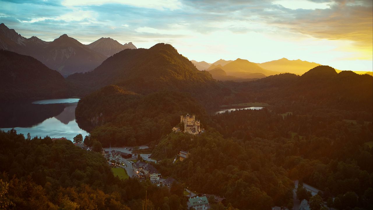 Wallpaper castle, mountains, view from above, sunset