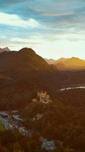 Preview wallpaper castle, mountains, view from above, sunset