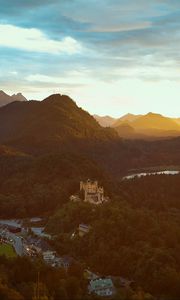 Preview wallpaper castle, mountains, view from above, sunset