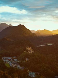 Preview wallpaper castle, mountains, view from above, sunset