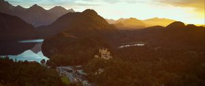 Preview wallpaper castle, mountains, view from above, sunset