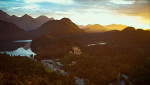 Preview wallpaper castle, mountains, view from above, sunset