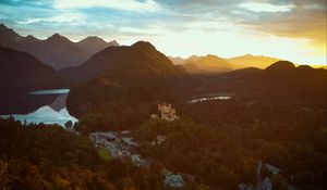 Preview wallpaper castle, mountains, view from above, sunset