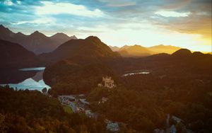 Preview wallpaper castle, mountains, view from above, sunset