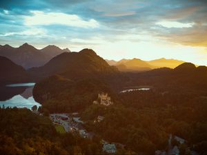 Preview wallpaper castle, mountains, view from above, sunset