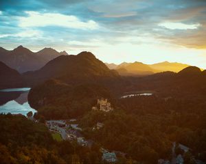 Preview wallpaper castle, mountains, view from above, sunset