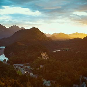 Preview wallpaper castle, mountains, view from above, sunset