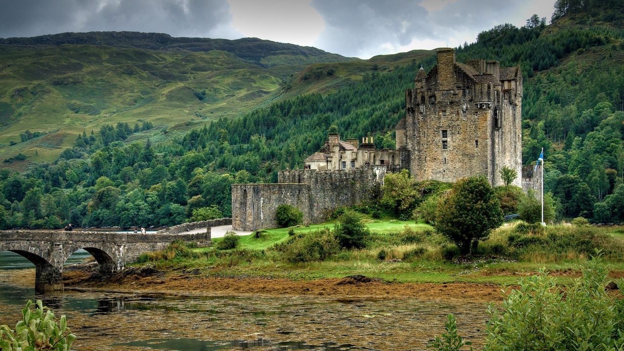 Wallpaper castle, mountains, wood, trees, bridge, lake, scotland