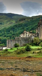 Preview wallpaper castle, mountains, wood, trees, bridge, lake, scotland
