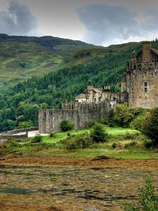 Preview wallpaper castle, mountains, wood, trees, bridge, lake, scotland