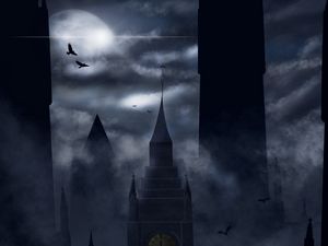 Preview wallpaper castle, night, fog, dark, art