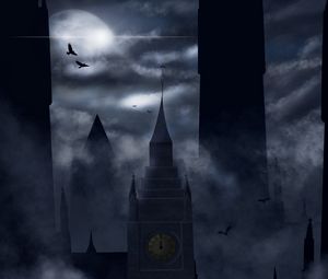 Preview wallpaper castle, night, fog, dark, art