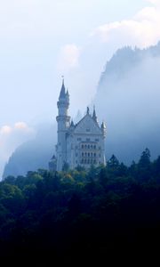 Preview wallpaper castle, palace, tower, forest, fog