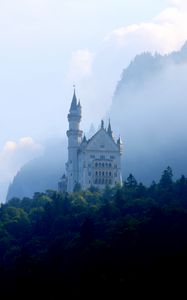 Preview wallpaper castle, palace, tower, forest, fog