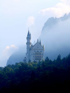 Preview wallpaper castle, palace, tower, forest, fog